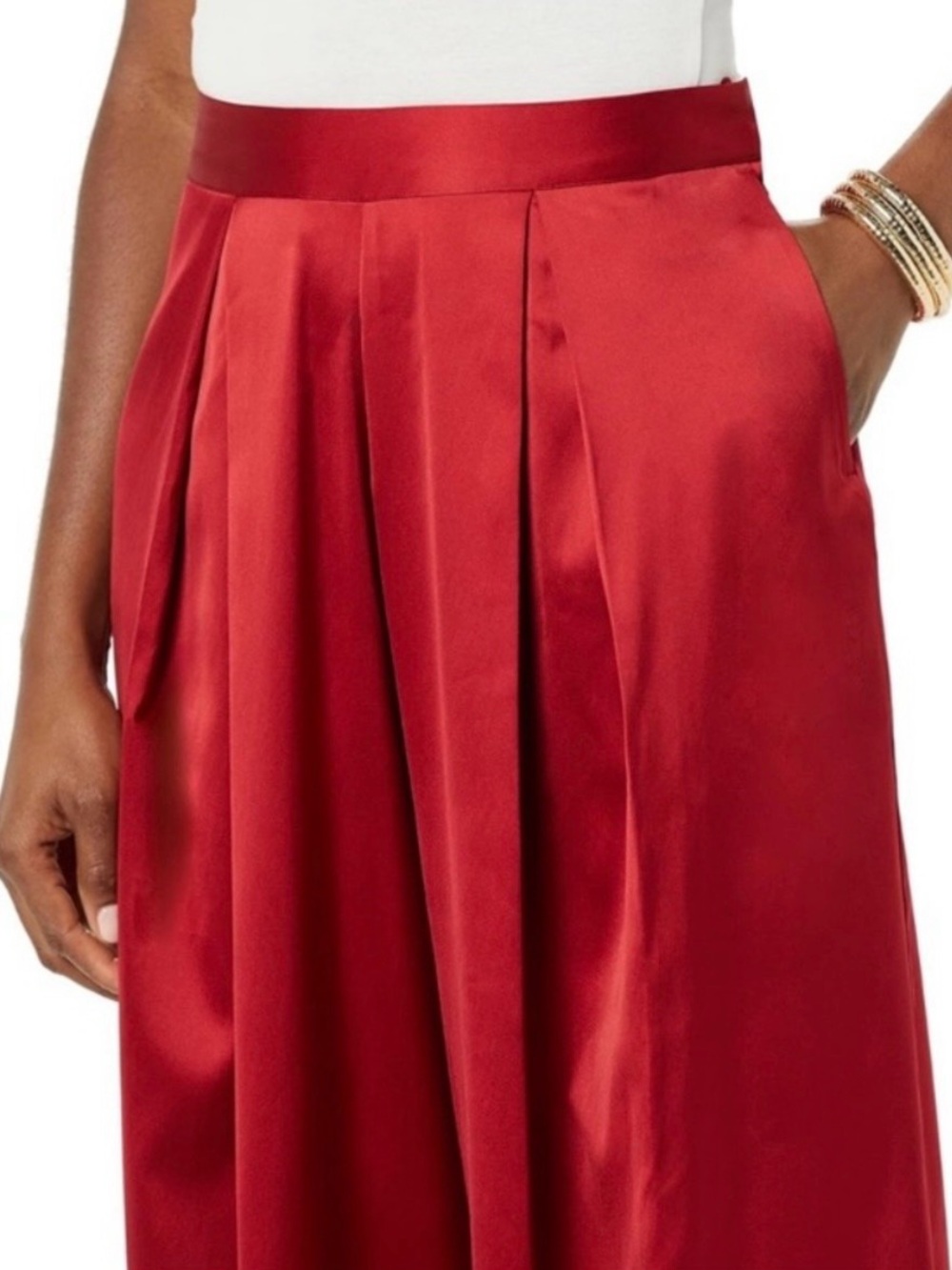Red Satin Pleated Boot-Cut Pants